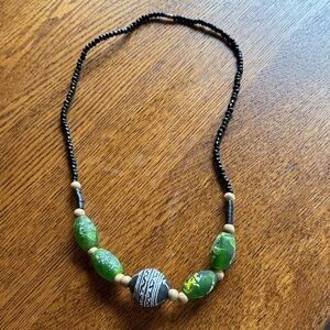 Handcrafted Green Bead Necklace with Black Accent Beads